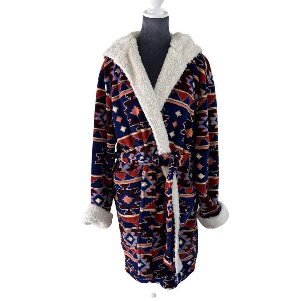 Alexander Del Rossa Cozy Tribal Boho Aztec Fleece‎ Sherpa Hooded Robe Navy  S/M